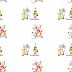 Watercolor handpainted seamless pattern with cute rats and christmas decor. Best for christmas design, greeting cards, wrapping paper, invitation, wallpaper, textile, new year decoration.