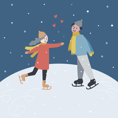 Skating couple on the ice rink. Christmas time vector greeting card with two people. Saint Valentine love concept