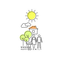 A happy family. Outline concept in modern style with parents and child, home in nature. Simple icons. Housing, property .and life insurance, mortgage, loans.