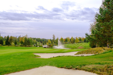 Landscape. Hills with green lawn and ornamental shrubs and trees lake fountain and bridge. Beautiful garden