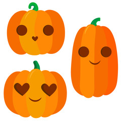 Set pumpkin with smile on white background. Halloween element. Drawing for menu, catalog, restaurant, cartoon, game, kitchen. Vector illustration