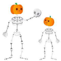 Pumpkinhead skeleton. Halloween scary icon. Element for logo, game, print, poster or other design project. Vector illustration.