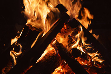 Fire - orange fire flames in the fireplace, burning wooden logs at night, dark background