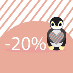 Banner with cute penguin. 20% discount. Valentine sell-out. Element for logo, game, print, poster or other design project.  Vector illustration