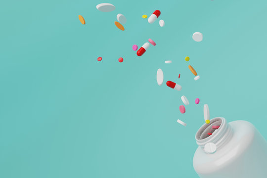 3d rendering open bottle and splash medicine pills