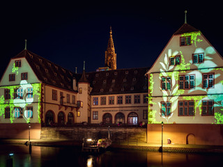 Colorful night street view of Styrasbourg. Highlighted buildings. Comfortable place.