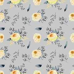 Schilderijen op glas Watercolor tea roses and blue branches seamless pattern, hand painted on a grey background © nastyasklyarova