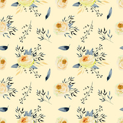 Watercolor tea roses and blue branches seamless pattern, hand painted on a tender beige background