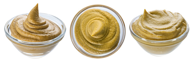 Mustard sauce in white bowls. Clipping path.