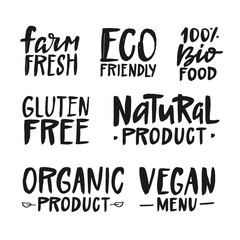 Organic, vegan, bio, natural, hand drawn vector labels. Handwritten typography.