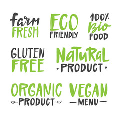 Organic, vegan, bio, natural, hand drawn vector labels. Handwritten typography.