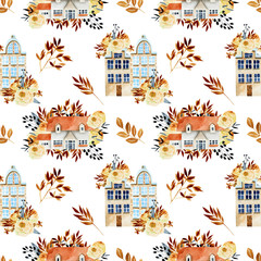 Seamless pattern of watercolor european houses with floral autumn elements, hand painted on a white background
