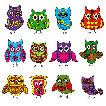 Set of twelve cartoon owls with various patterns