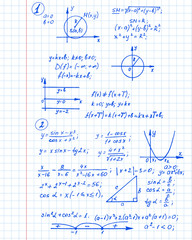 Math background with the equations, figures, schemes, plots and other calculations on notebook page. Handwritten vector Illustration.