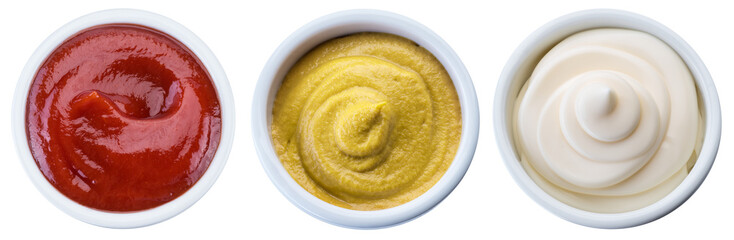 Mayonnaise, mustard and tomato sauces in white bowls. Clipping path.