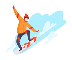 Flat vector illustration of snowboarding man isolated on white background.