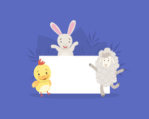Cute Farm Animals Holding Empty Banner, Bunny, Chicken, Sheep with Blank Sign Board Vector Illustration