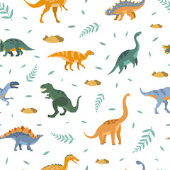 Cute Dinosaurs Seamless Pattern, Prehistoric Animals Design Element Can Be Used for Fabric Print, Wallpaper, Background Vector Illustration
