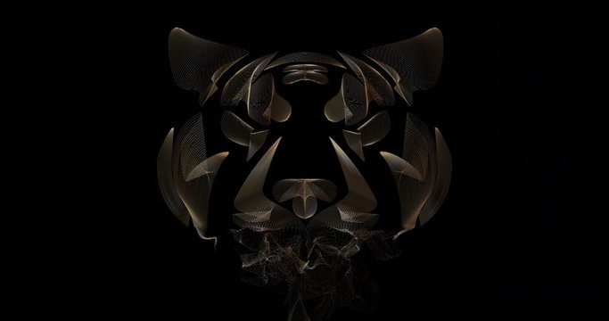 Silhouette of golden lines of a tiger head on a black background, manifestation animation