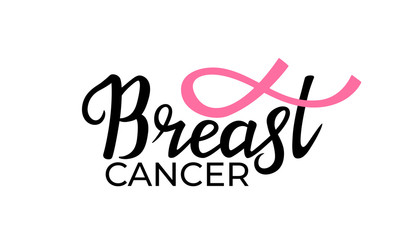 National Breast Cancer Awareness Month banner with pink ribbon and hand drawn lettering
