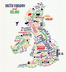 United Kingdom and Ireland Map. Travel Poster with cities and sightseeing attractions.