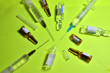 Medical syringes with a needle with injection.  The concept of emergency care for patients with...