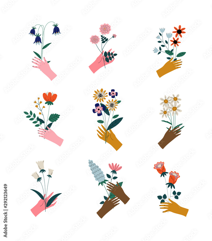 Wall mural collection of female hands holding bunches of blooming flowers, elegant decorative floral design ele