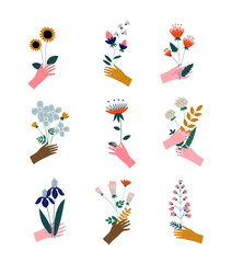 Collection of Female Hands Holding Bouquets of Blooming Flowers, Elegant Decorative Floral Design Elements Vector Illustration