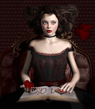 Gothic woman with hearts in her hands – 3D model render