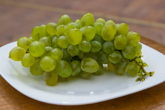 A bunch of white grapes with drops of water on a white plate