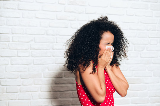 Sick Black Woman African American Girl Sneezing For Cold Allergy