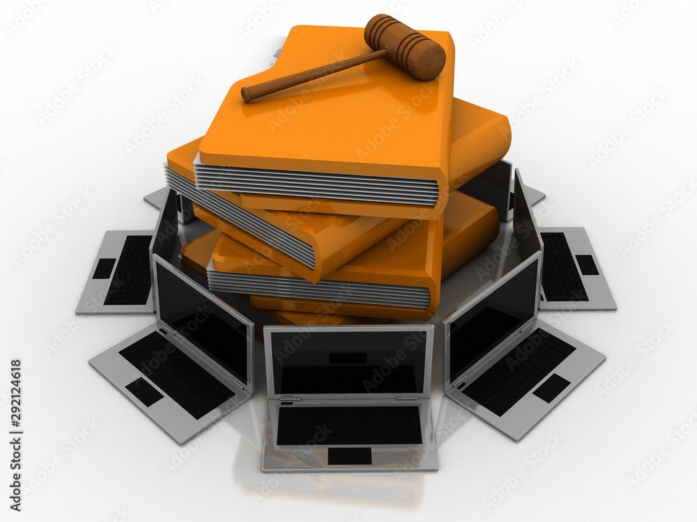 Poster 3d rendering computer folder network with wooden hammer