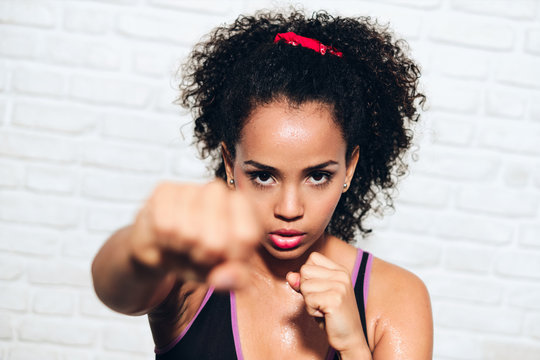 Strong African American Girl Black Woman Fighting For Self Defense