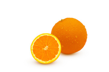 Fresh wet oranges And half wet fresh oranges isolated on white background with clipping path