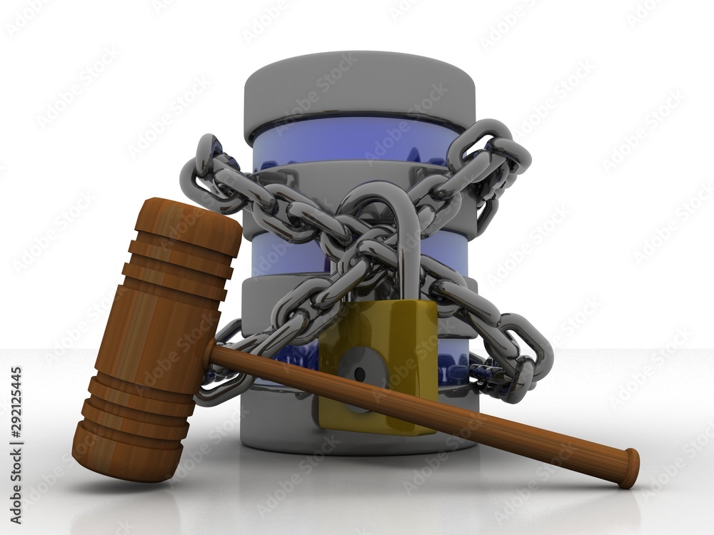 Poster 3d illustration database storage security concept. disk with lock near hammer