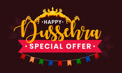 Happy Dussehra special offer. Indian festival celebration. Victory of good over evil. Vector typography text with celebration element and arrow and bow