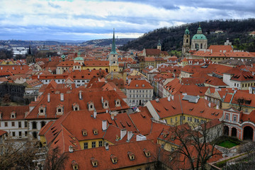 Obraz premium Top view of prague architecture roofs skyline, historic town buildings czech republic 