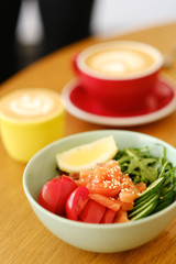 healthy breakfast in the cafe. poke and coffee