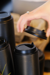 a stack of plastic  coffee cup lids