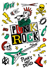 Punk rock set. Punks not dead words and design elements. vector illustration.