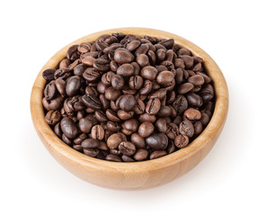 Roasted coffee beans in wooden bowl isolated on white background with clipping path