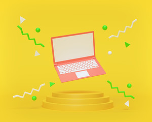 Abstract geometric background with a laptop. trendy mockup. 3d rendering