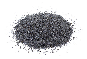 Heap of dry poppy seeds isolated on white