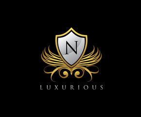 Luxury Gold Shield N Letter Logo Icon.