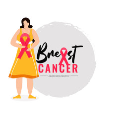 Character of faceless woman holding pink ribbon on white background for Breast Cancer Awareness Month concept.