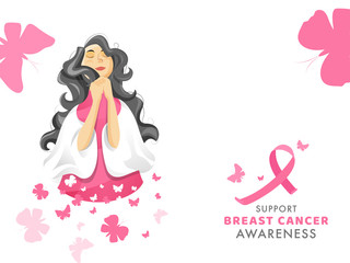 Beautiful woman praying hands folded with butterflies decorated on white background for support breast cancer awareness concept.
