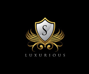 Luxury Gold Shield S Letter Logo Icon.