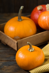 Small pumpkins on a brown wooden table. Rustic style. The concept of the fall harvest