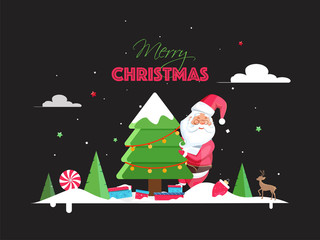 Illustration of santa claus with decorative xmas tree, gift box, reindeer and snow on black background for Merry Christmas celebration.