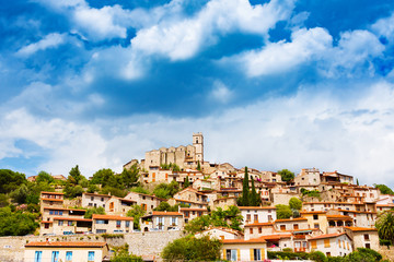 Fototapeta na wymiar View of village of Eus in Pyrenees-Orientales before rain, Languedoc-Roussillon